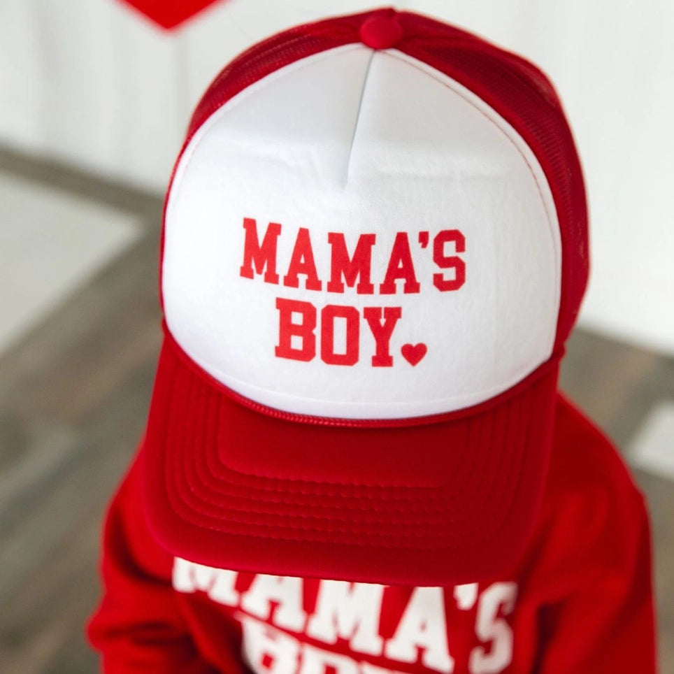 Mama's Boy Valentine's Day Kids Trucker Hat - Red/White