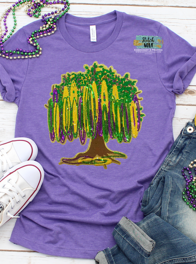 Mardi Gras Bead Tree REAL Sequins Shirt Stitch NOLA