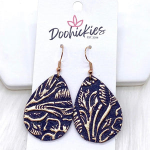 1.5" Navy and Rose Gold Embossed Leather Earrings