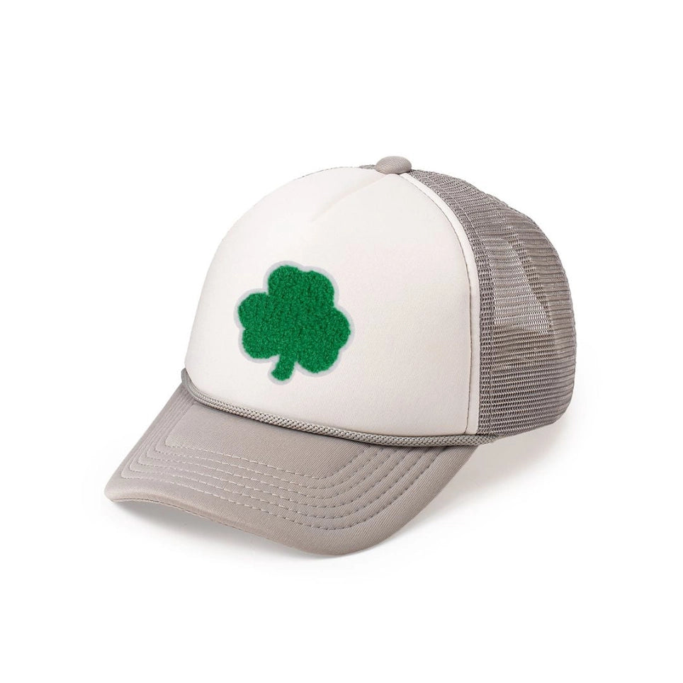 Shamrock Patch St. Patrick s Day Trucker Hat Gray White Stitch NOLA