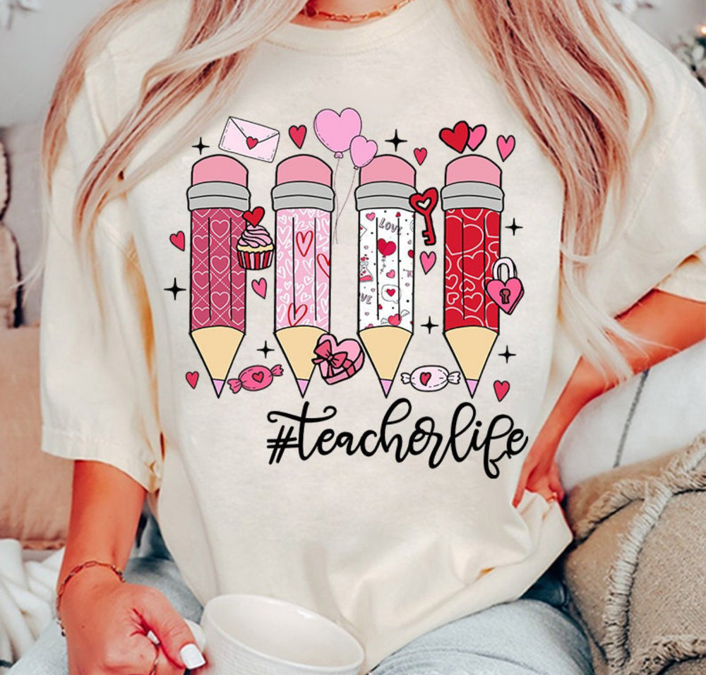 Teacher Valentine’s Day Pencil Hearts Printed Tee or Sweatshirt
