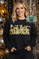 Faux Glitter/Sequins But First Champagne Printed Sweatshirt
