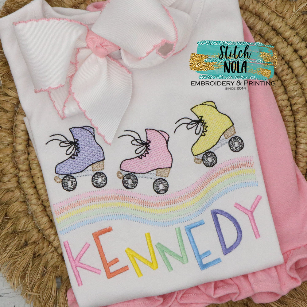Personalized Roller Skate Trio With Rainbow Sketch Shirt