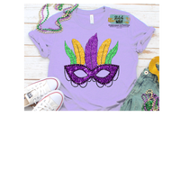 FAUX Glitter Mardi Gras Mask with Feathers Printed Tee