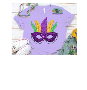 FAUX Glitter Mardi Gras Mask with Feathers Printed Tee
