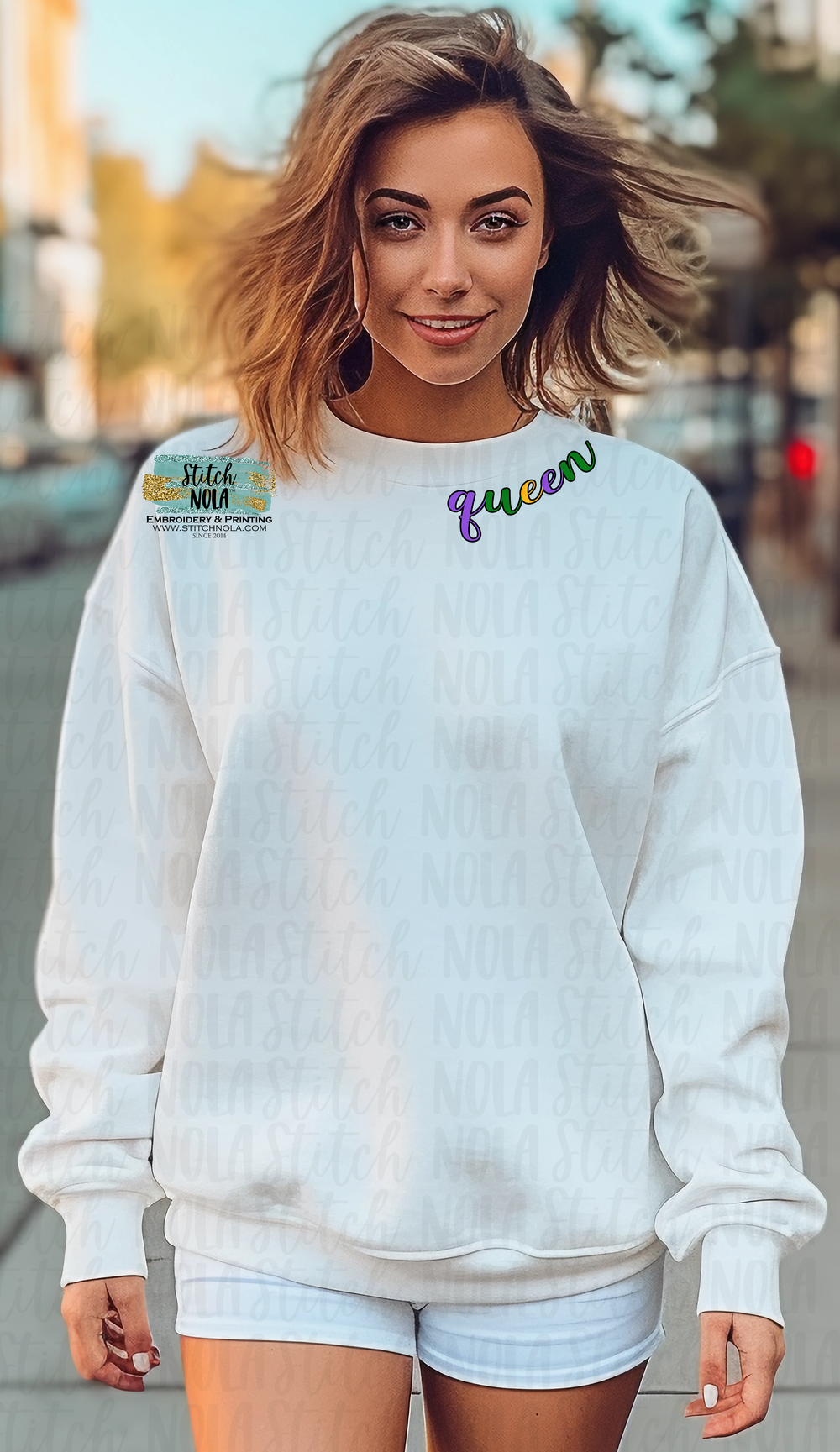 Mardi Gras Queen Curved Collar Printed Sweatshirt