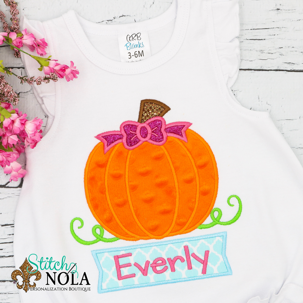 Personalized Pumpkin with Bow and Name Box Applique Shirt