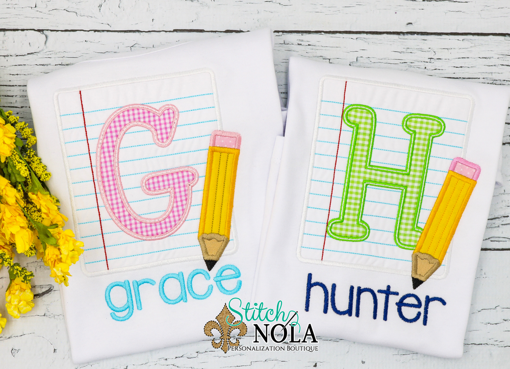 Personalized Back to School Paper and Pencil Alpha Applique Shirt