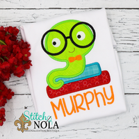 Personalized Back to School Book Worm with Glasses Applique Shirt