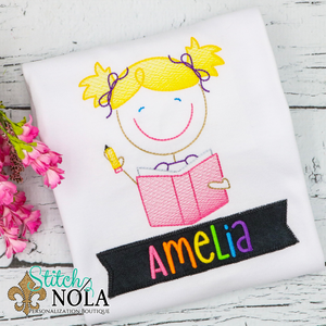 Personalized Back to School Sketch School Girl with Banner Applique Shirt