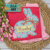 Personalized Bunny with Name Box Appliqué on Colored Garment
