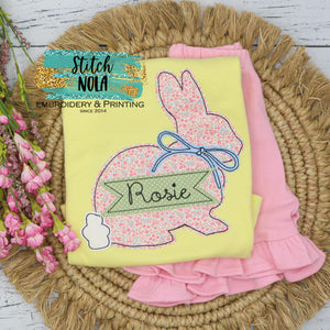 Personalized Bunny with Name Box Appliqué on Colored Garment