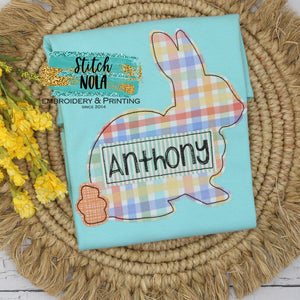Personalized Bunny with Name Box Appliqué on Colored Garment