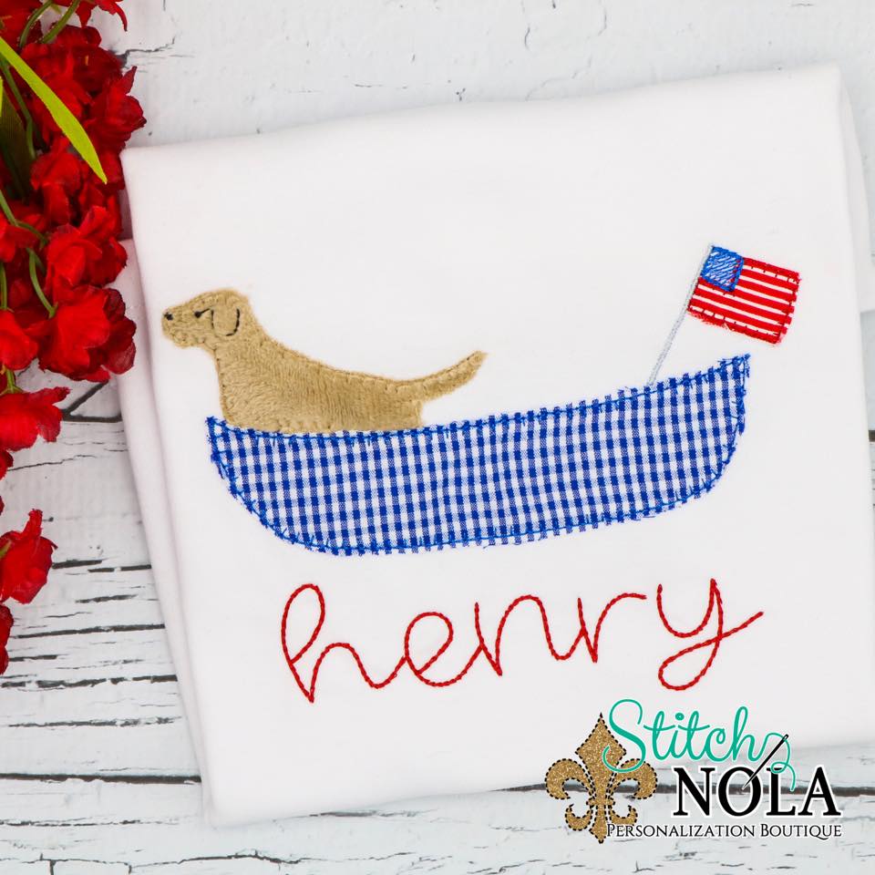Personalized Patriotic Boat With Dog Applique Shirt