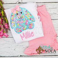 Personalized Floral Easter Bunny with Bow Appliqué Shirt
