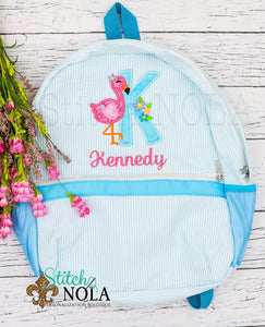 Personalized Seersucker Backpack with Flamingo Alpha Applique, Seersucker Diaper Bag, Seersucker School Bag, Seersucker Bag, Diaper Bag, School Bag