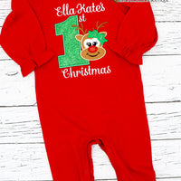 Personalized 1st Christmas Reindeer Appliqué on Colored Garment