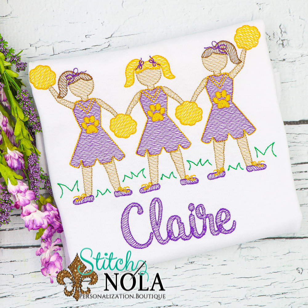 Personalized Purple and Gold Cheerleader Trio Sketch Shirt