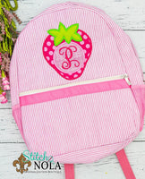 Personalized Seersucker Backpack with Strawberry Applique, Seersucker Diaper Bag, Seersucker School Bag, Seersucker Bag, Diaper Bag, School Bag, Book
