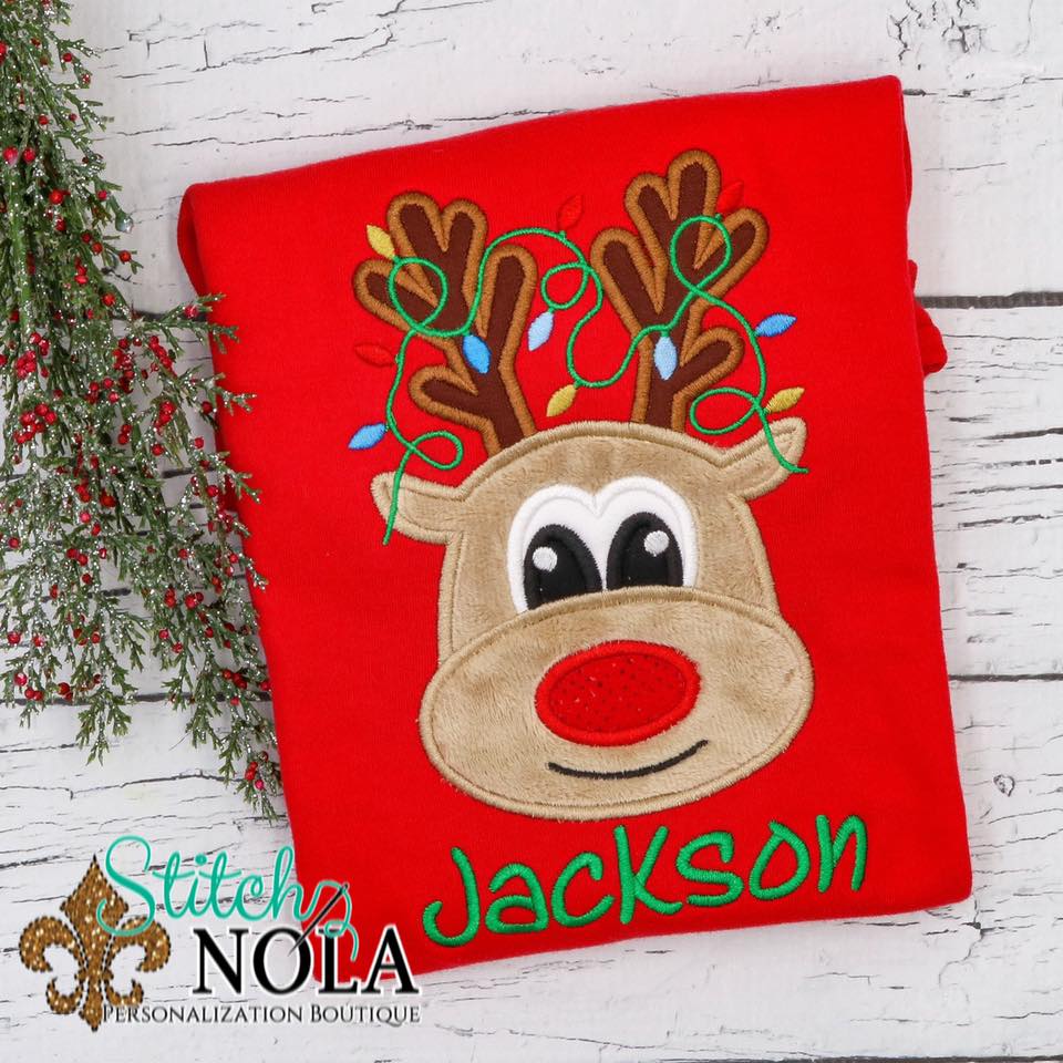 Personalized Christmas Reindeer with Lights Appliqué on Colored Garment