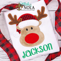 Personalized Christmas Reindeer with Santa Hat Applique Shirt

