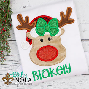 Personalized Christmas Reindeer with Santa Hat Applique Shirt