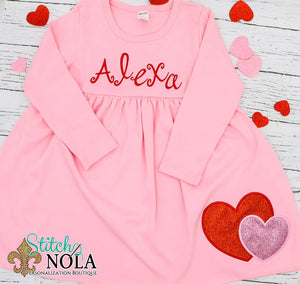 Personalized Valentine Dress with Hearts Applique Colored Garment