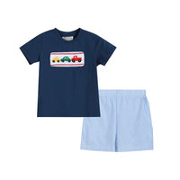 Blue Car Smocked T-Shirt and Shorts 2 pc. Set