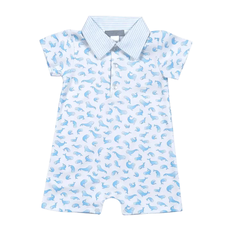 Blue Whales Pima Romper with Polo Collar