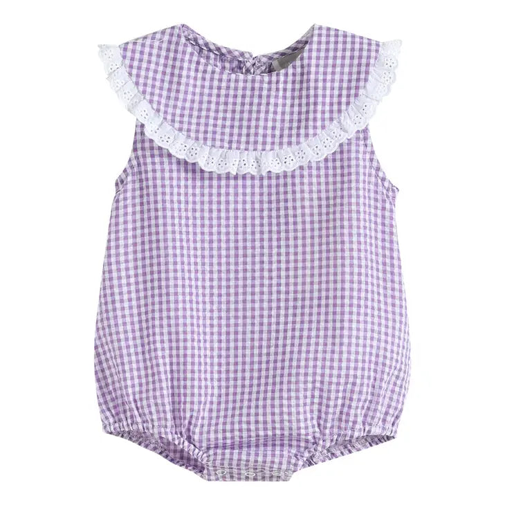 Classic Purple Gingham Collared Baby Bubble Romper
