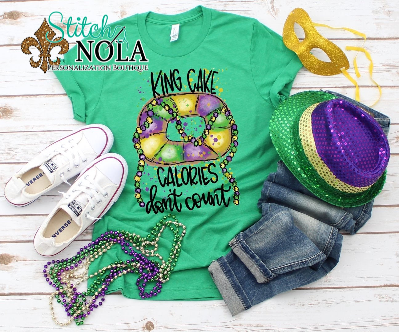 Adult Mardi Gras King Cake Calories Don t Count Printed Tee