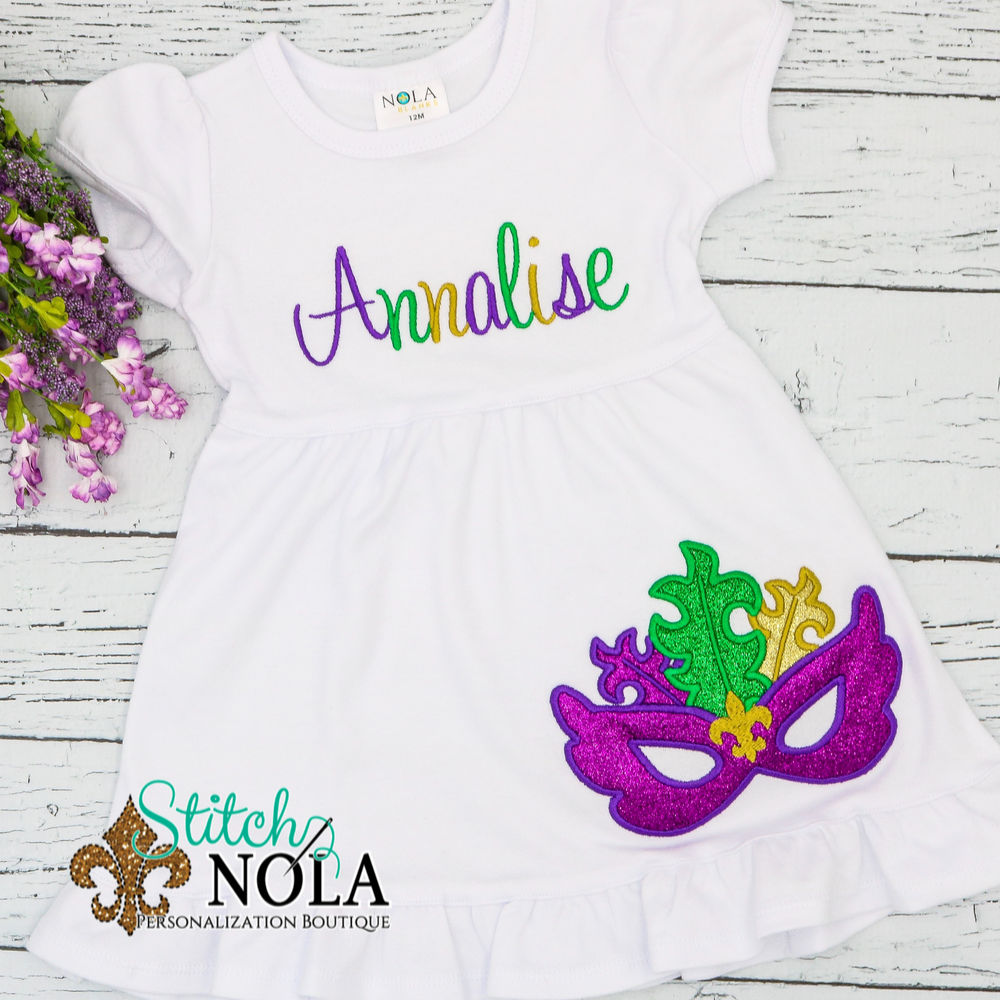 Personalized Mardi Gras Dress with Mask Applique