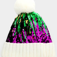 Mardi Gras Sequin Pom Pom Beanie Hat