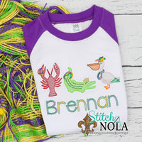 Personalized Mardi Gras Crawfish, Alligator, & Pelican Trio Sketch Shirt