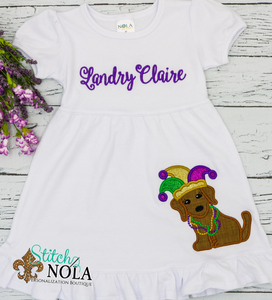 Personalized Mardi Gras Dress with Puppy Applique