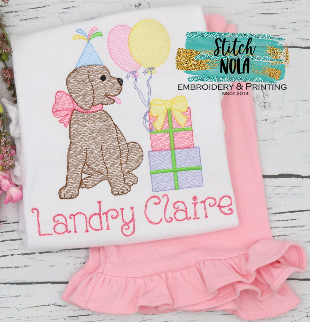 Personalized Birthday Puppy with Balloons & Cake Sketch Shirt