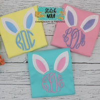 Personalized Easter Bunny Ears with Monogram Appliqué on Colored Garment