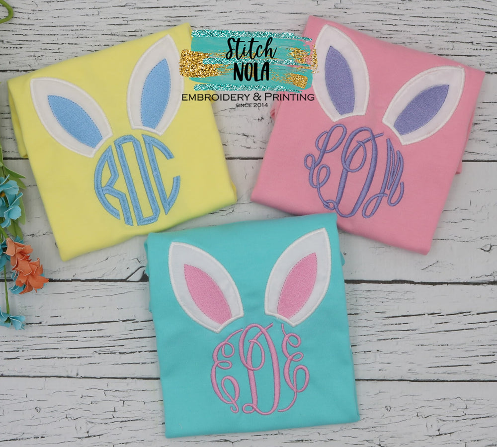 Personalized Easter Bunny Ears with Monogram Appliqué on Colored Garment