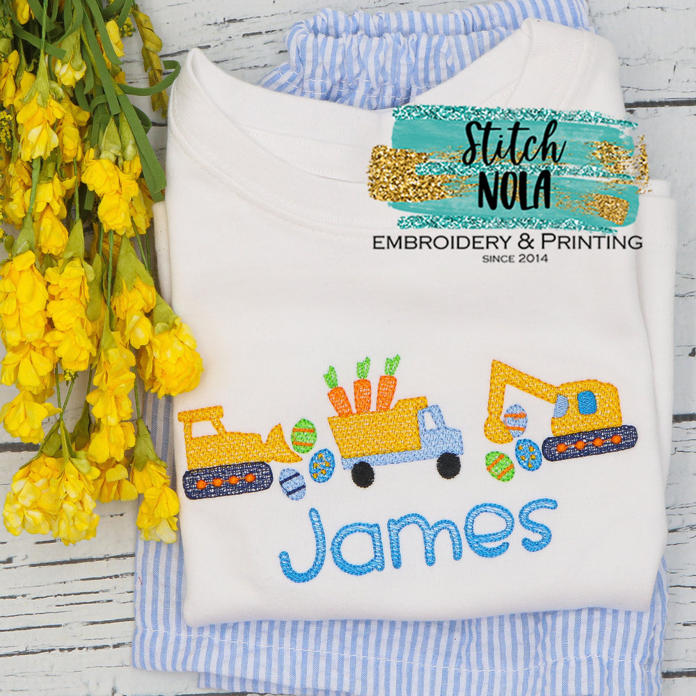 Personalized Easter Construction Vehicle Trio Sketch Shirt