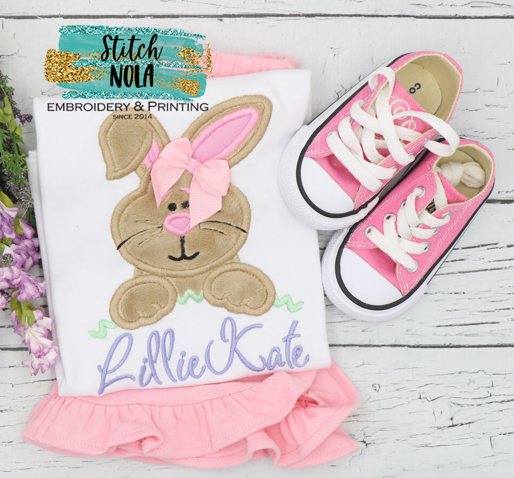 Personalized Baby Easter Bunny Head with Bow Appliqué Shirt