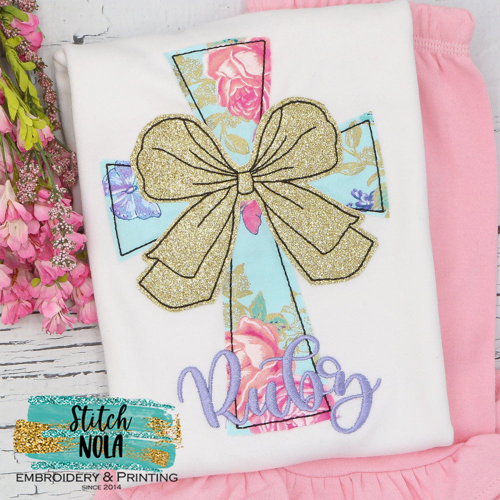 Personalized Floral Easter Cross With Bow Appliqué Shirt