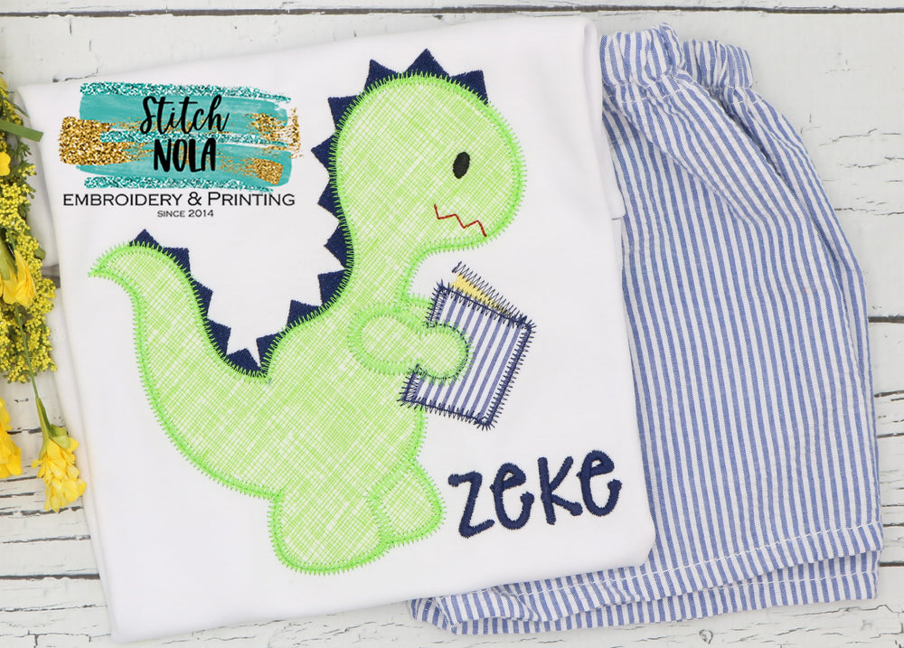 Personalized Back to School Girl Dinosaur with Book Applique Shirt