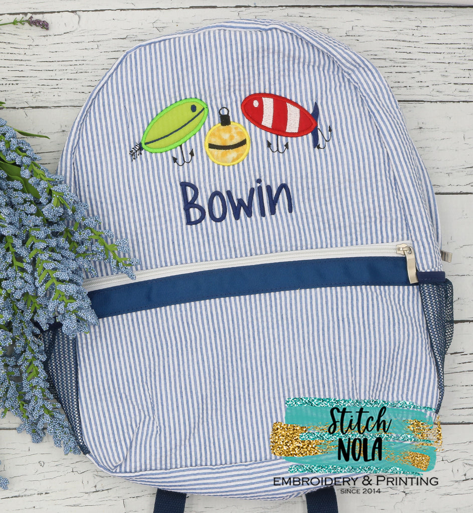 Personalized Seersucker Backpack with Fishing Lures Applique
