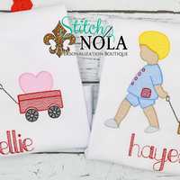 Personalized Valentine Child Pulling Heart in Wagon Sketch Shirt