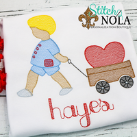 Personalized Valentine Child Pulling Heart in Wagon Sketch Shirt