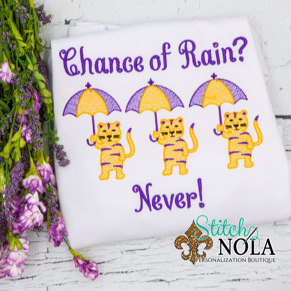 PERSONALIZED PURPLE AND GOLD TIGER WITH UMBRELLA TRIO SKETCH SHIRT