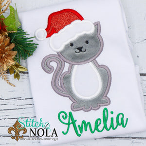 Personalized Christmas Cat with Santa Hat Applique Shirt