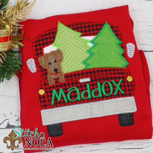 Personalized Christmas Tree Truck with Dog Applique Colored Garment