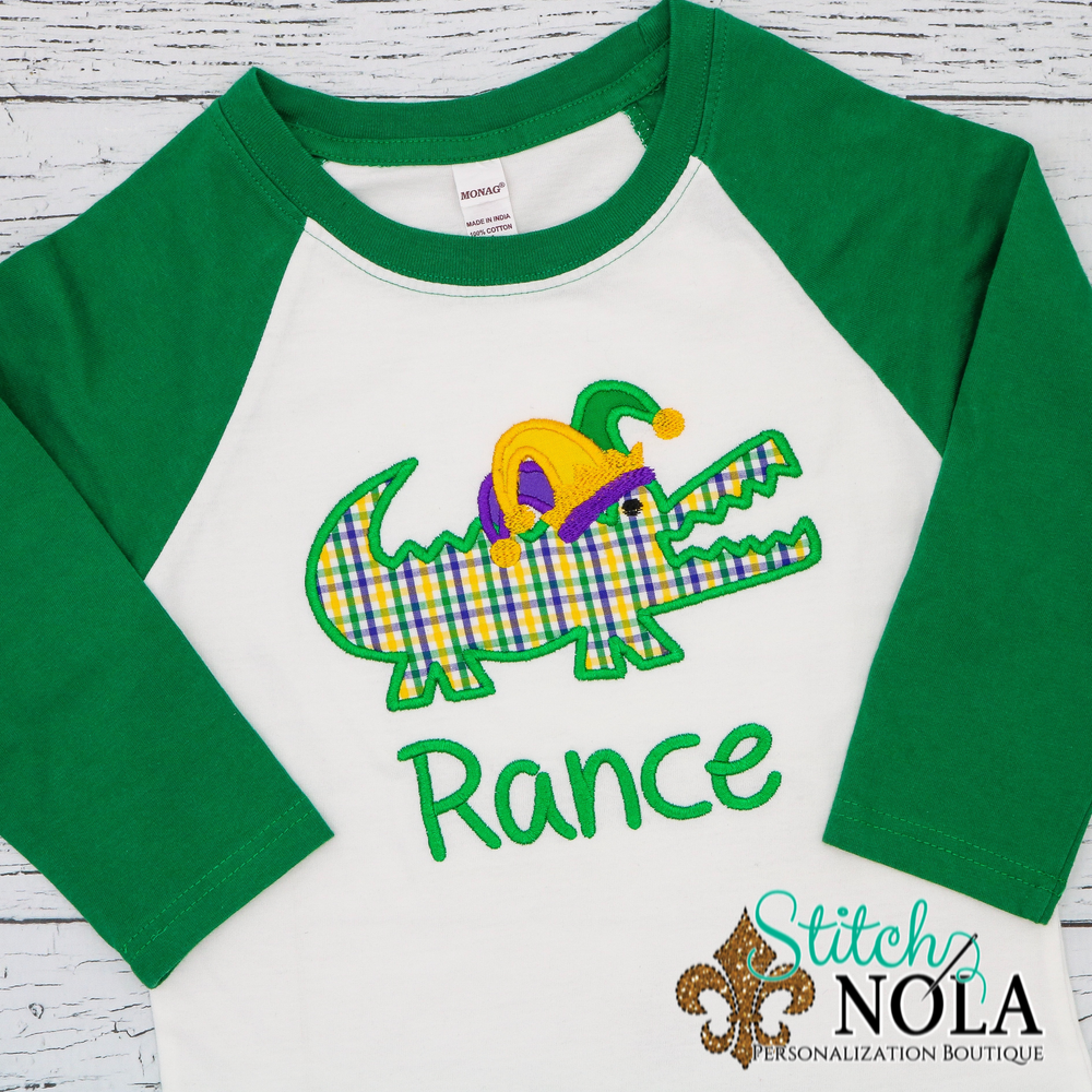 Personalized Mardi Gras Alligator with Jester Hat Applique Shirt