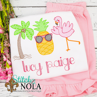 Personalized Palm Tree Pineapple Flamingo Summer Trio Sketch Shirt
